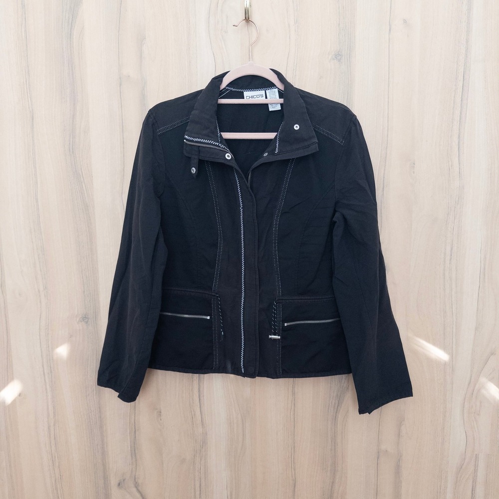 Chico's Women Jacket M Black Contrast Stitch Zip Up Utility Outdoor Classic